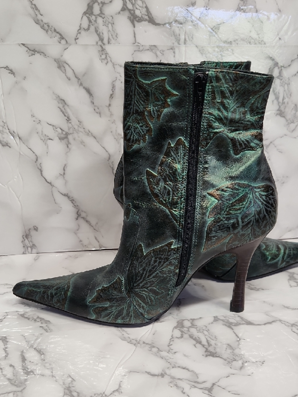Leaf-Embossed Pointed-Toe Ankle Boots in Teal Green - Picture 3 of 7